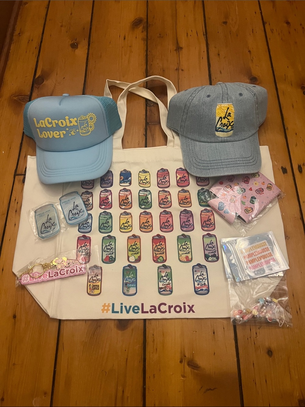 La Croix #LiveLaCroix Tote Bag, two hats (2), key chain, stickers, koozie..